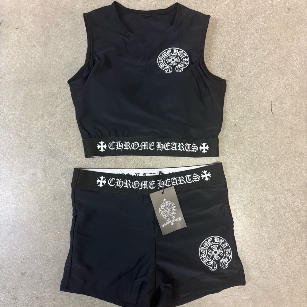 Chrome Hearts Black and White Logo Athletic Crop Top & Shorts Set Women’s Size M